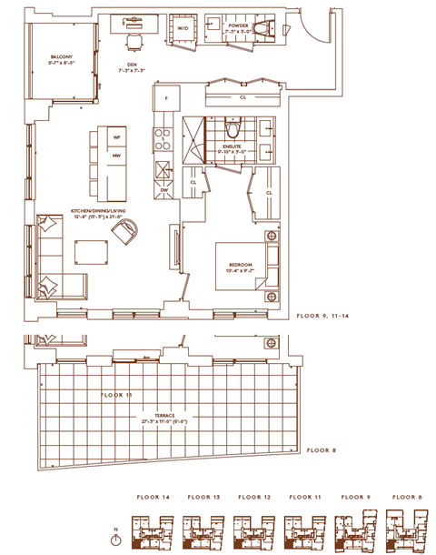 Floor plan for 1 bed, 1.5 baths, 878 sqft